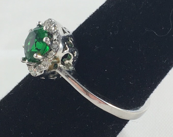 Storewide 25% Off SALE Vintage Silver Tone Emerald Green Designer Cocktail Ring Featuring Rhinestone Accented Design