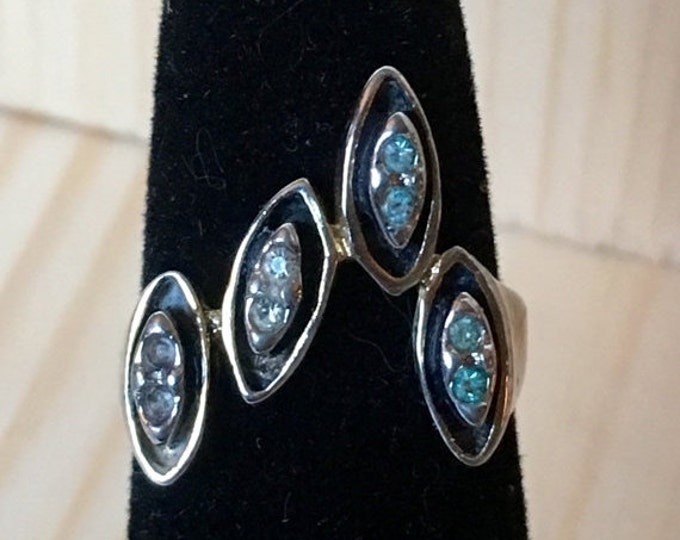 Storewide 25% Off SALE Vintage 14k Gold Electroplate Baby Blue Rhinestone Cocktail Ring Featuring Artistic Modern Design