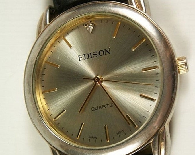 Storewide 25% Off SALE Lovely Vintage Gentlemans Edison Round Quartz Metallic Dial Watch Featuring Original Dark Brown Leader Band