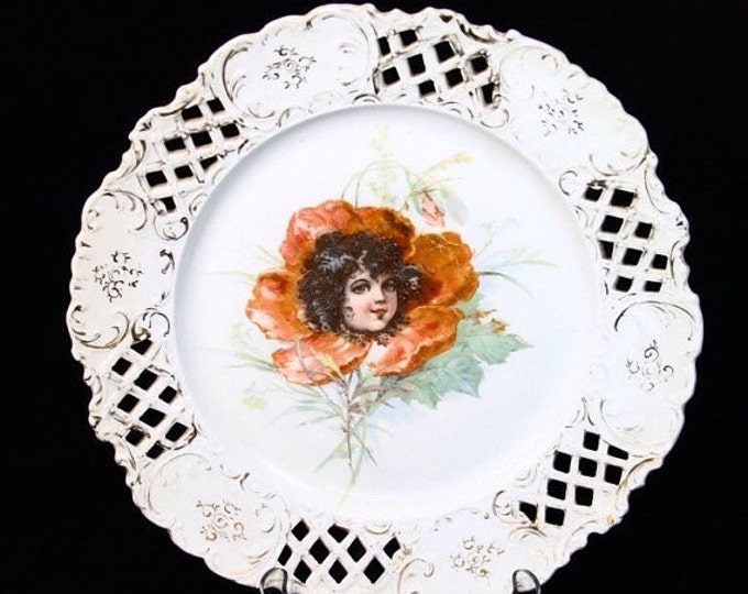 Storewide 25% Off SALE Large Vintage Victorian Poppy Child Hand Painted Serving Platter Featuring Delicate Open Lattice Trim Design