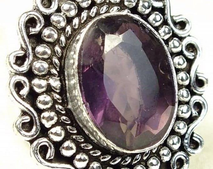 Storewide 25% Off SALE Gorgeous ladies cocktail ring features center 'Amethyst' multi-faceted stone set in milgrain and scrolled white metal