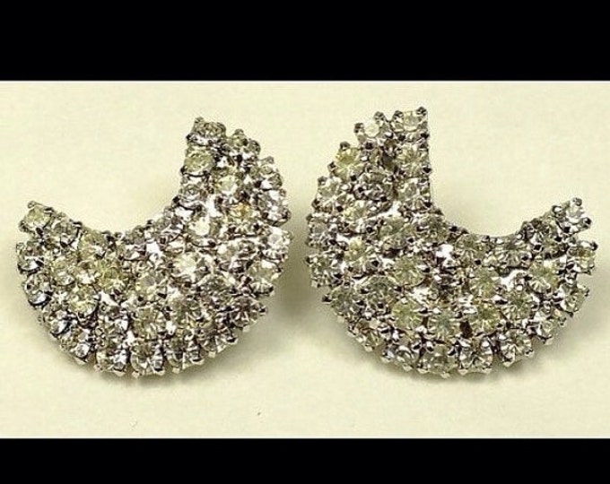 Storewide 25% Off SALE Vintage Silver Tone Crescent Shaped Rhinestone Designer Clip Earrings Featuring Clear Prong Set Rhinestone Rows