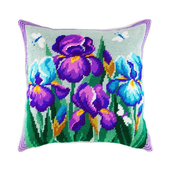 Cross Stitch Kit, Irises Pillow, Size 16