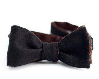 Black flanel wool & brown foulard cotton bow tie - double sided