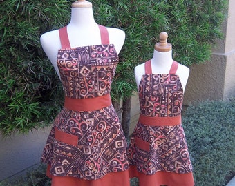 Mother Daughter Apron Set Handmade Retro Style Apron Brown Thanksgiving Theme