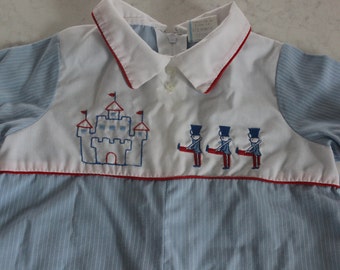 Vintage baby boy romper 6 month 9 months toy soldiers, castle, British pin striped Easter one piece outfit bodysuit