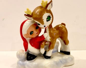Vintage Lefton Bisque, Santakins Christmas Deer, Green Eyed Reindeer, Pixie Elf, Candle Holder, Big Eye Fawn, Porcelain figurine, Japan,