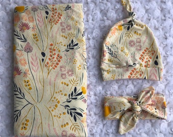 Baby Floral Gift Set, Baby Girl Swaddle Set, Top Knot Hat