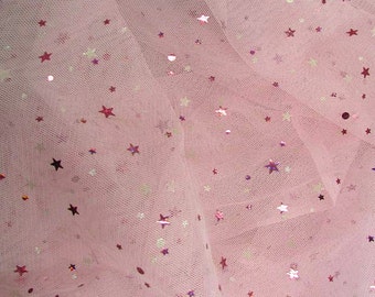 JN00282 Pink Embossed Lazer Stars Planets Sequins Mesh Fabric 2 Way Stretch Super Lightweight Sheer Soft 58/60" Fabric By The Yard