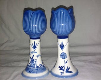 Pair of Delft Blue Tulip Candle Holders Pattern 041158 Blue And White - Holland