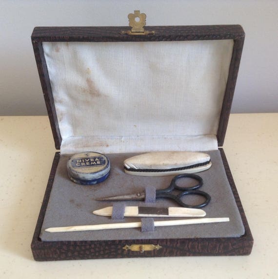 Genuine Antique Boxed Manicure Set featuring NIVEA Cream. Dated 1930's/40's. Real Collectors piece.