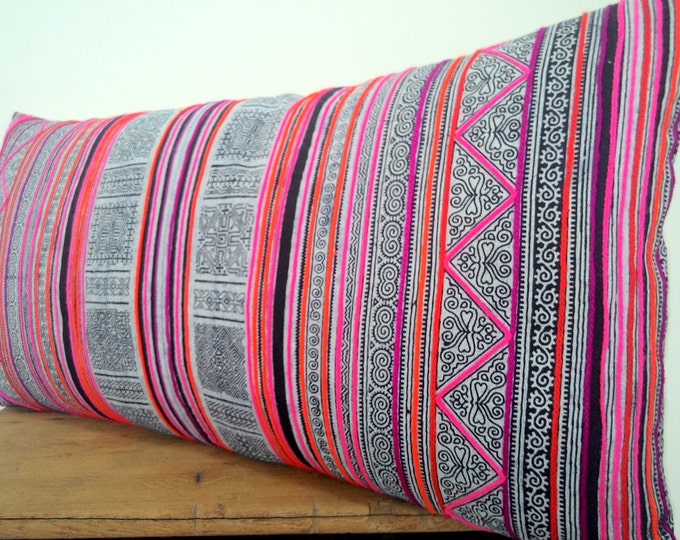 16"x32" Lumbar Batik Hmong Hand-Stamped Cotton Pillow Cover, Indigo Hilltribe Cotton Cushion Cover, Tribal Boho Throw Pillow Case
