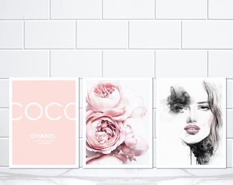 Set of 3 Coco Chanel Blush Pink Peonies and Amelie Watercolour Poster Prints - Coco Chanel Pink Peony Watercolour