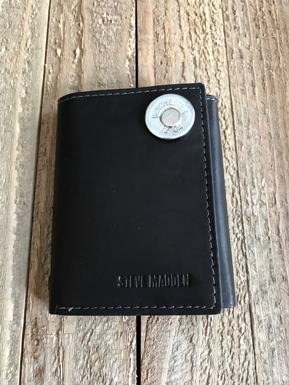 Mens genuine black leather trifold wallet with bullet head