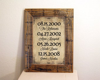 Important Dates Sign in Beige & Black. Custom Signs. Rustic Signs. Reclaimed Wood Frame. Family Dates Sign. Family Name Sign. 12x16