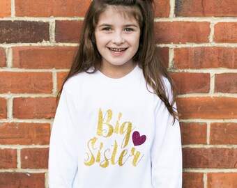 Gold Glitter Big Sister Announcement Shirt | Big Sister Little Sister Outfits | Sibling Outfits | Big Sister w Heart