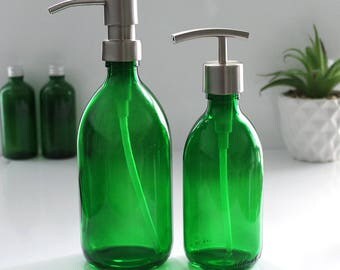 Emerald Green Glass Bottle Soap Dispenser (300ml - 500ml) with Stainless Steel Pump in a choice of finishes