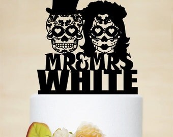 Sugar Skull Cake Topper,Skeleton Cake Topper,Mr And Mrs Wedding Cake Topper,Last Name Cake Topper,Custom Cake Topper,Halloween Wedding C168