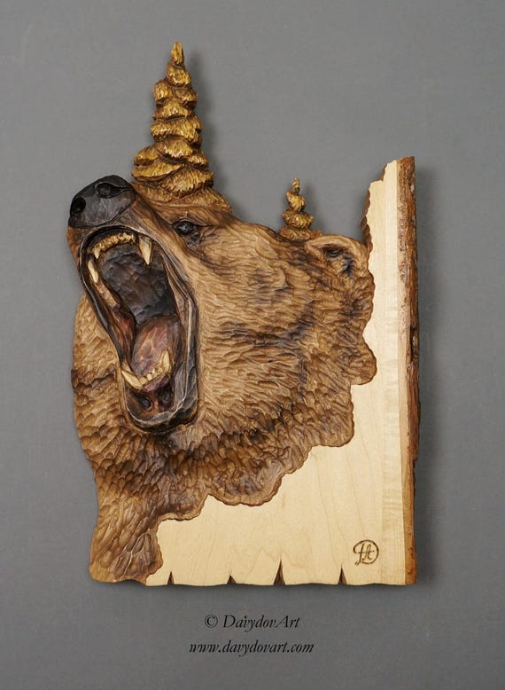 Grizzly bear carving Wood Carving with Bark Hand Made Gift