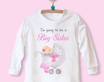 I'm Going to be a Big Sister, Big Sister Tshirt, Big Sister Top, LONG SLEEVE Top with Baby Pram Design, New baby gift for siblings