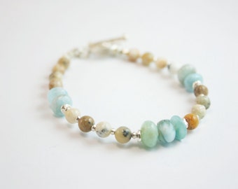 Larimar and Dendritic Agate Beaded Bracelet with Thai Hilltribe Silver Beads + Clasp - Larimar Jewellery - Beaded Gemstone Bracelet