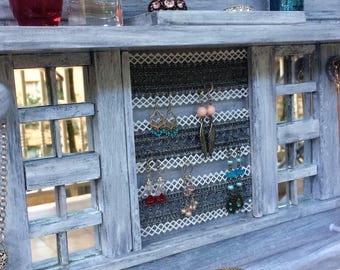 Jewellery organiser with shelf - 14" - Lace for earrings - Velour lined rings & studs box - Glass mirror tiles - Bangle bar - Wood knobs