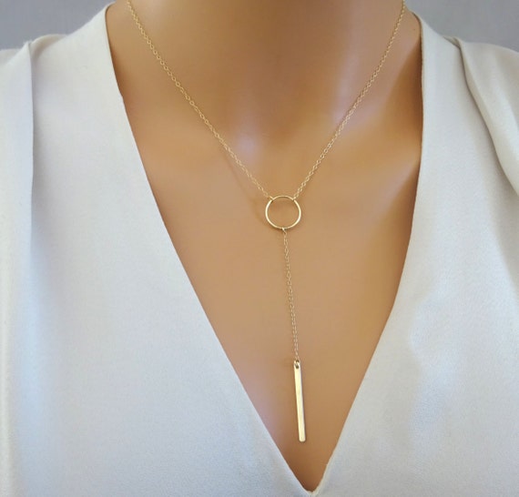 Dainty Gold Lariat Necklace Circle Y necklace Gold Bar Drop