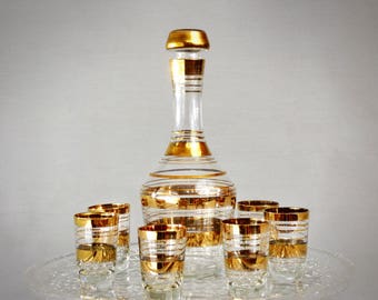 Vintage Bohemian Hand Made Cristal Gold Plated Decanter Set From 60s - centerpiece chic mid century decaner art deco vine set vessel set