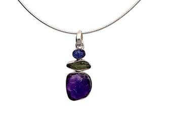 Amethyst Necklace, Sterling Silver, Moldavite Necklace, Apatite Pendant, Gemstone Necklace, Birthstone Necklace, Amethyst Jewelry, raw stone