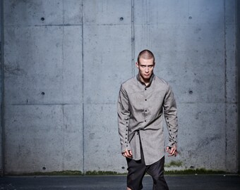 Mens Clothing / Button Down Shirt / Linen Mens Top / Asymmetrical Mens Shirt / Urban Top / Mens Linen Shirt by POWHA
