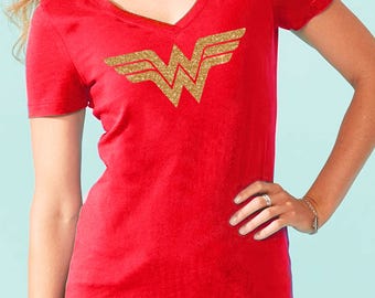 Super hero tshirt, Wonder woman Inspired, Custom wonder woman Shirt, Gold Glitter, Bright Red T-shirt, super hero for ladies
