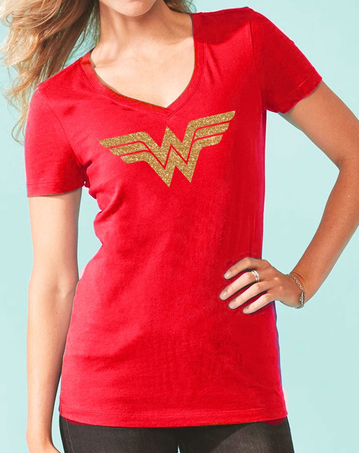 Super hero tshirt, Wonder woman Inspired, Custom wonder woman Shirt, Gold Glitter, Bright Red T-shirt, super hero for ladies