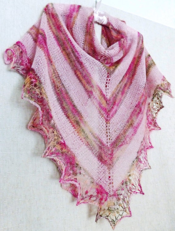 Ready To Ship! Free Shipping, Soft Pink, Lace Knit Shawl, Knitted Shawl, Hand Knit Scarf, Mohair Shawl, Wool Shawl. Hand Knitting. Openwork