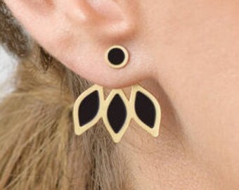Ear Jackets Earrings, Gold&Black Earrings, Front Back Earring, Gold Ear Jacket Earring, Double Sided Earring, Leaf Ear jacket, Gift For Her