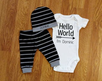 Personalized Hello World, baby boy, coming home outfit, personalized hat, custom hat, baby shower gift, gray black stripes, bodysuit, pants