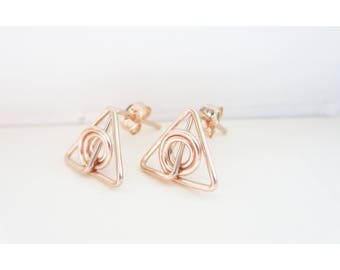 Free Shipping - Deathly Hallows Stud Earrings. Harry Potter Jewelry. Triangle Spiral Stud Earrings. 14k rose gold-filled stud earrings