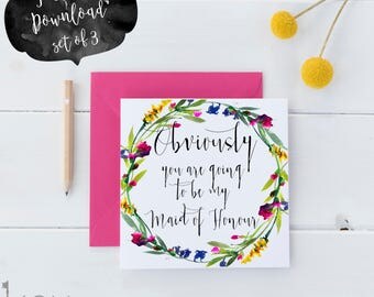Will You Be My Maid of Honour Card Printable Will You Be My Matron of Honour Card Will You Be My Bridesmaid Card Funny Obviously
