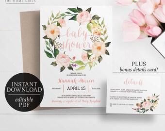 Printable Baby Shower Invitation Template | Editable PDF | Floral Boho Tribal Invitation | Blush Flowers | Pink Floral | Flower Wreath