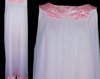 Vintage Nightgown, White Chiffon, Gossard Artemis Vintage Shift 1960s Pink Satin Trim, Size Medium