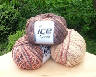 Knitting yarn. Lot of 3 Skeins Ice Yarns. Multicolored yarn. Beige Brown shadows. Acrylic yarn. Yarn for knitting. Vegan Friendly!