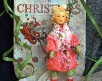 Cotton Batting Christmas Ornament - Spun Cotton Vintage Style - Girl Hummel - Handmade Personalized Aged Cotton Batting Ornament