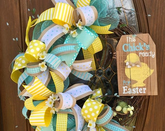 Easter Ribbon Wreath - Rustic Easter Grapevine Wreath - Yellow Easter Door Wreath - Easter Deco Mesh Wreath - Front Door Easter Wreath