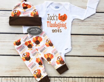 Baby Boys First Thanksgiving Outfit,Customized Name,White Infant Bodysuit, Leggings And Hat With Turkeys, Baby Boy's Thanksgiving Outfit Set