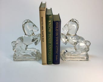 Glass rearing horse bookends by L.E. Smith Glass Company
