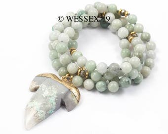 Shark Tooth Necklace | Burmese Jade Necklace | Green Jade Necklace | Long Boho Necklace | Stone Shark Tooth Necklace | Beaded Necklace