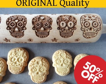 Day of Death Sugar Skulls engraved rolling pin + Cookie cutter - guaranteed delivery before 30 October or refunded