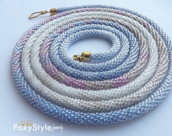 statement necklace blue necklace beaded jewelry mothers gift for her wife gift long necklace white jewelry Crochet jewelry gift idea friend