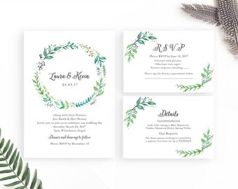 Greenery Wedding Invitation Set / Printable Invitation / Greenery Invitation Template / Green Wreath Invitation Suite / Botanical Invite