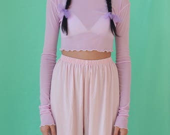FRILL HEM TOP -ruffle, crop, pastel, aesthetic, pink, mesh, transparent, festival, club kid, cyber, spice girls, long sleeve, wanda minino-