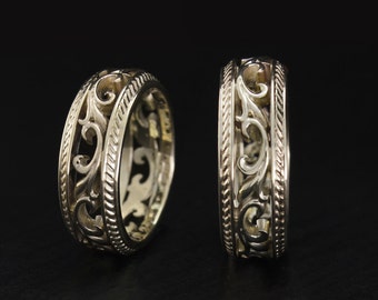 White gold wedding bands, Filigree wedding rings, Nature wedding bands set, Vintage style ring set, Unique wedding rings, Couple rings